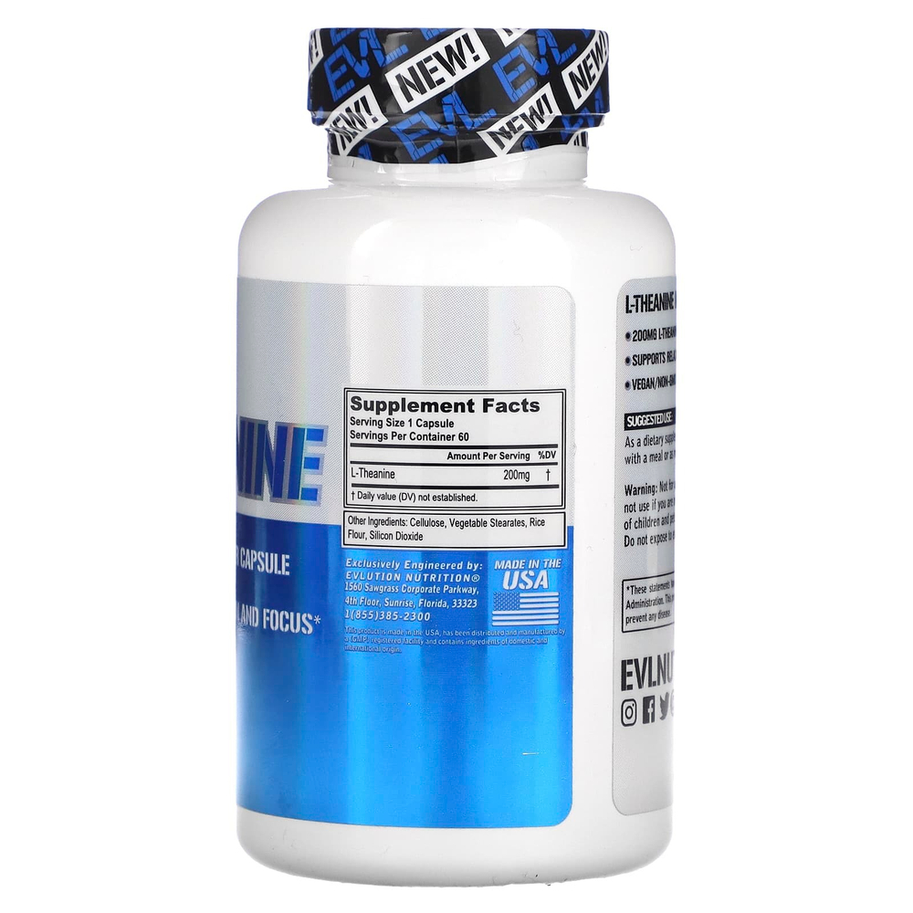 EVLution Nutrition, L-теанин, 200 мг, 60 растительных капсул