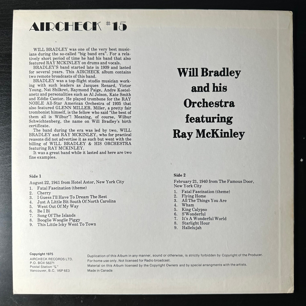 Will Bradley And His Orchestra Featuring Ray McKinley ‎– On The Air (Канада 1975г.)