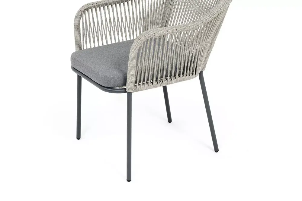 "Лион" стул плетеный из роупа, каркас из стали темно-серый (RAL7024) муар, роуп серый меланж круглый, ткань серая 017