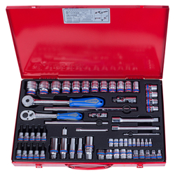 KING TONY (9563MR01) Набор торцевых головок с принадлежностями 1/4"+3/8"+1/2", 6-гранные, 4-32 мм, 62 предмета