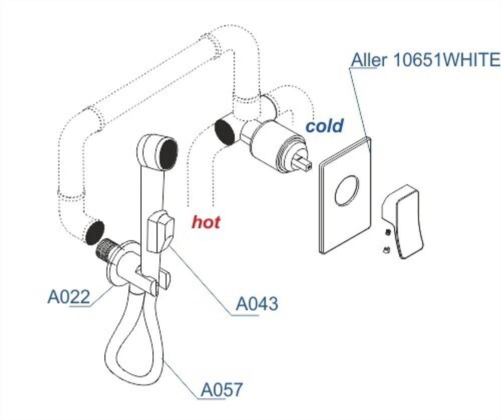 A010657WHITE Встраиваемый комплект для биде со шлангом 120 см