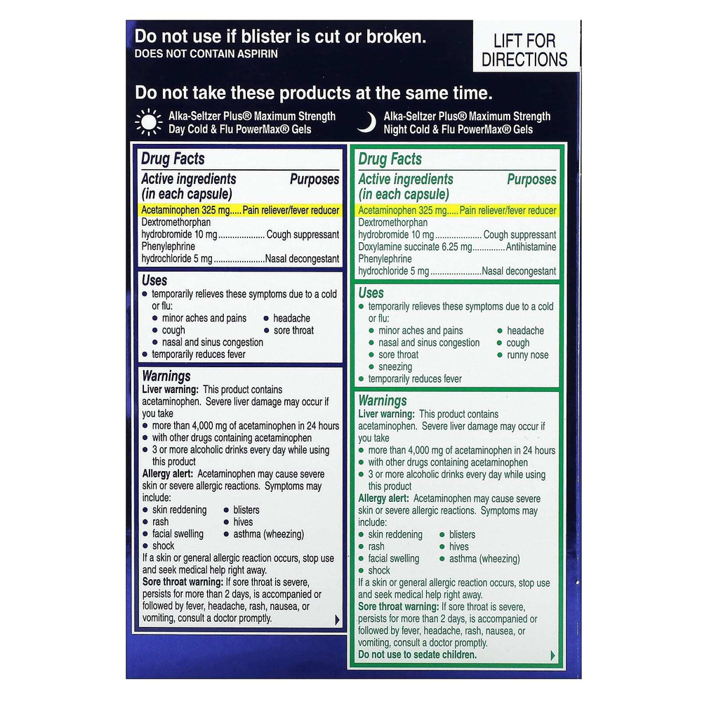 Alka-Seltzer Plus, Максимальная сила действия при простуде и гриппе, PowerMax, дневное и ночное средство, 24 жидких геля