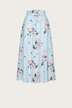 ЮБКА НА ШНУРОВКЕ ИЗ ГОЛУБОГО ХЛОПКА С АВТОРСКИМ ПРИНТОМ