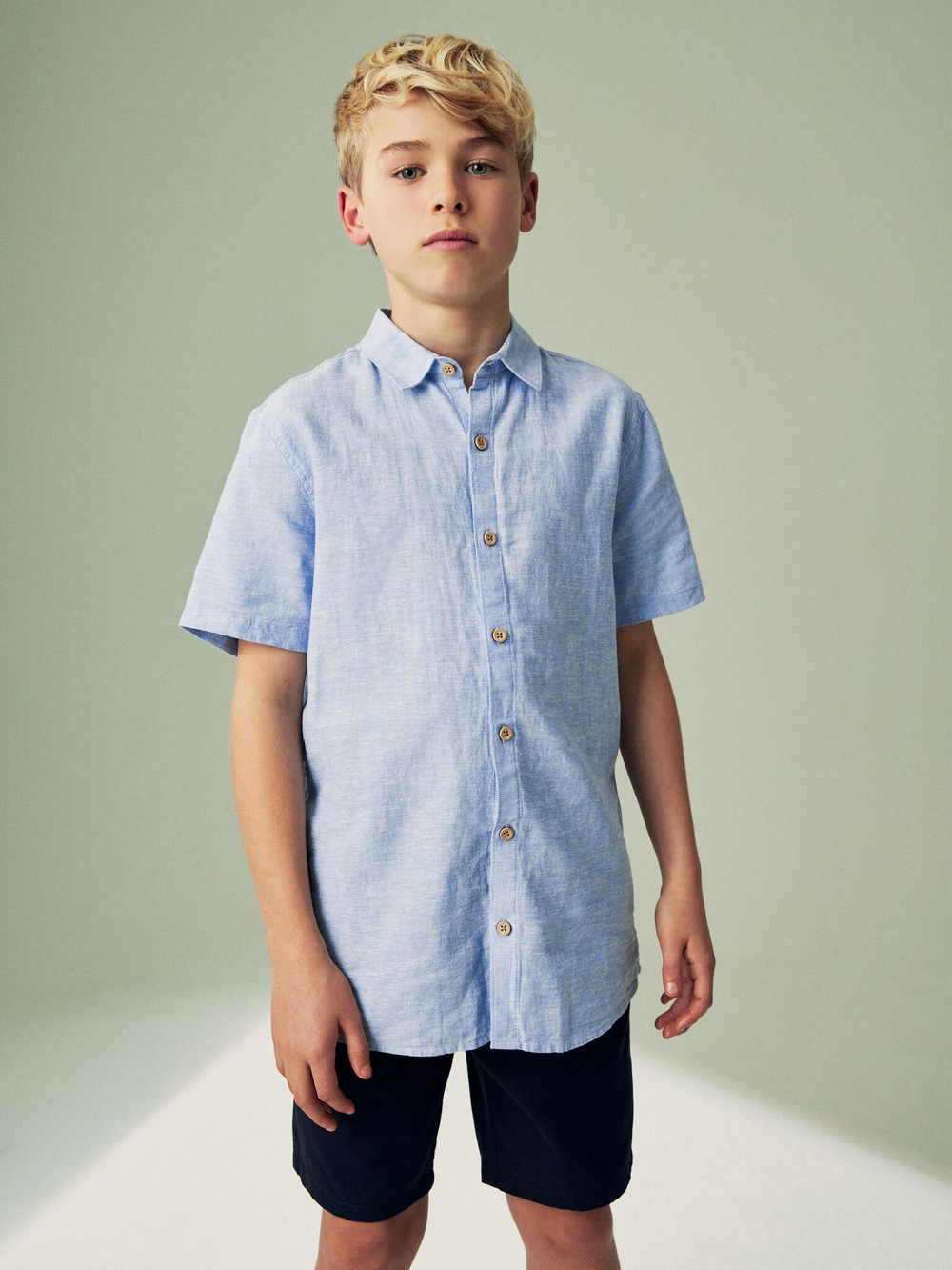 Рубашка льняная с коротким рукавом для мальчика Next 907-584, Голубой