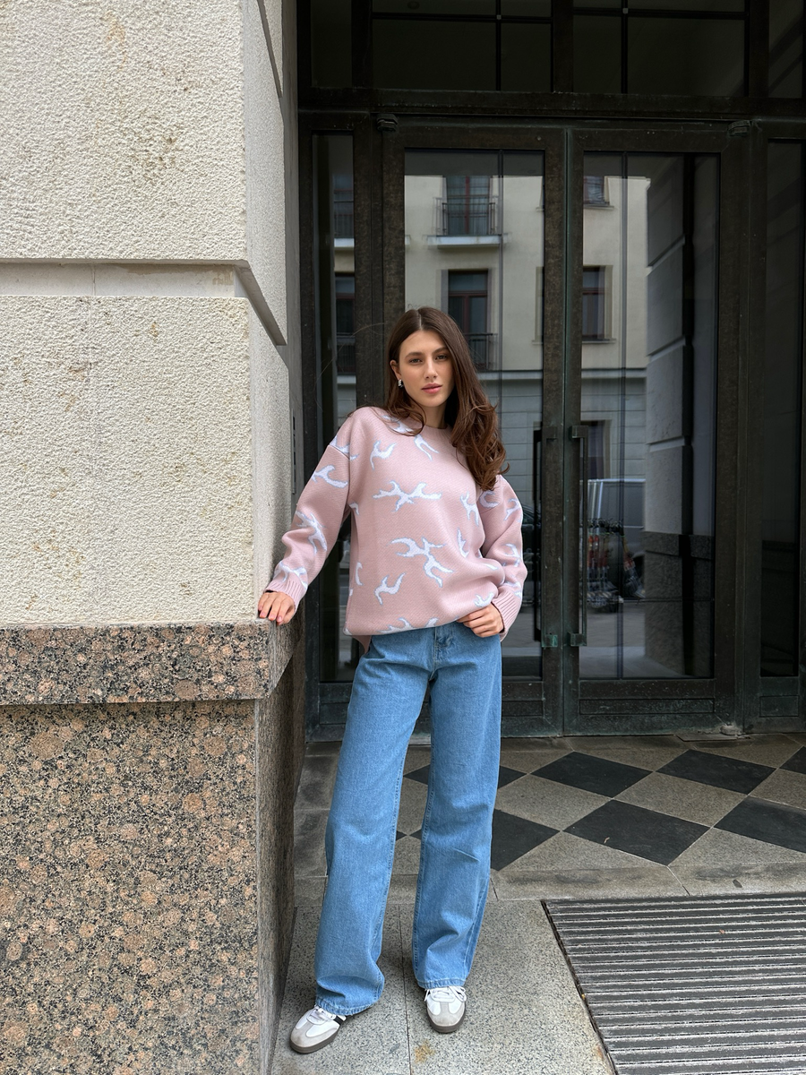 Свитер кораллы пудровый с белым