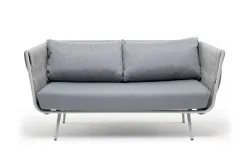 "Монако" диван 2-местный плетеный из роупа, каркас алюминий светло-серый (RAL7035) муар, роуп светло-серый 40 мм, ткань светло-серая