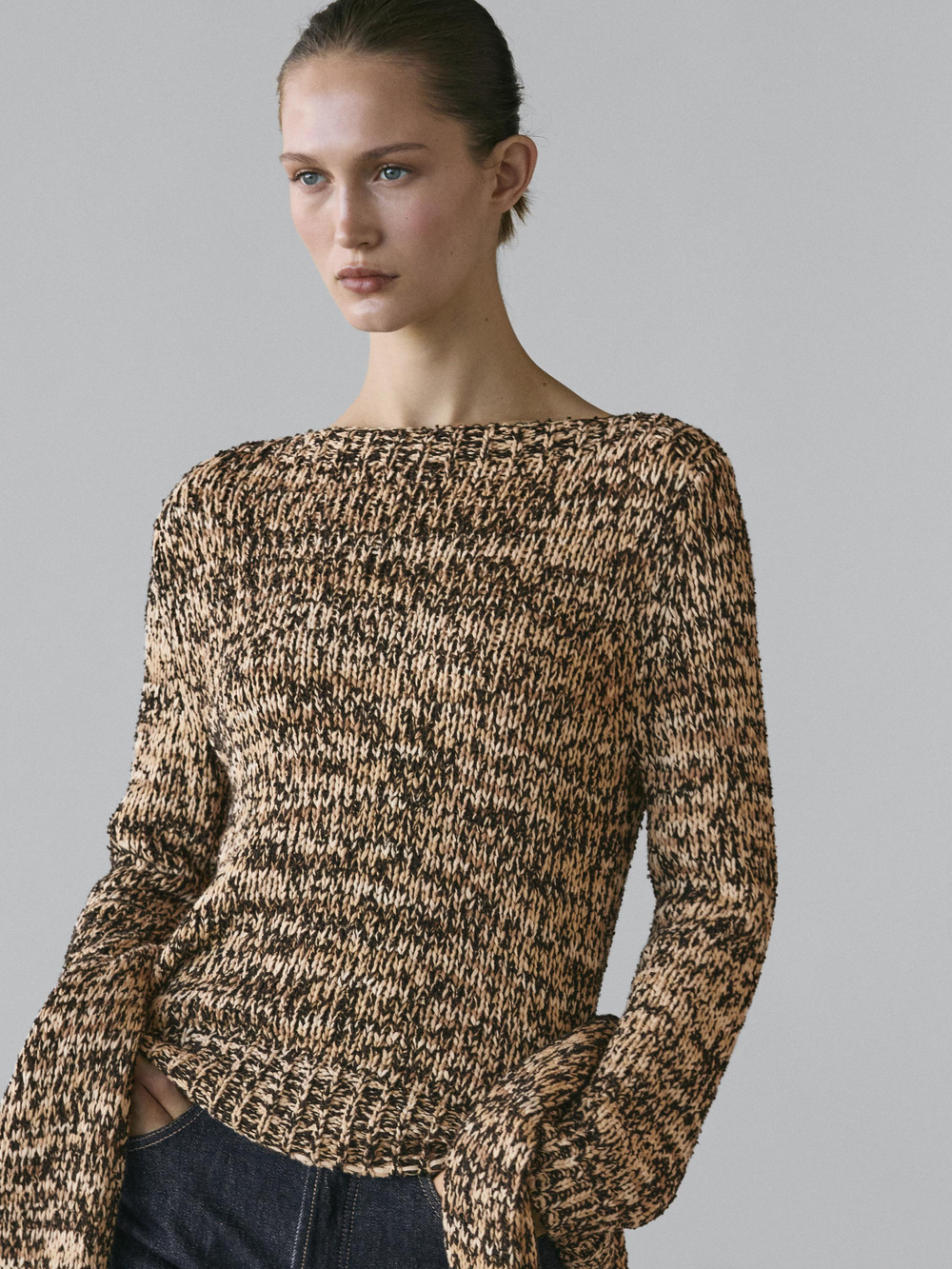 Massimo Dutti Свитер из смесового хлопка мулине, цвет верблюжьей шерсти