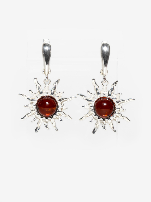 Серебряные серьги с цельным янтарем "Солнце", серебро 925 пробы