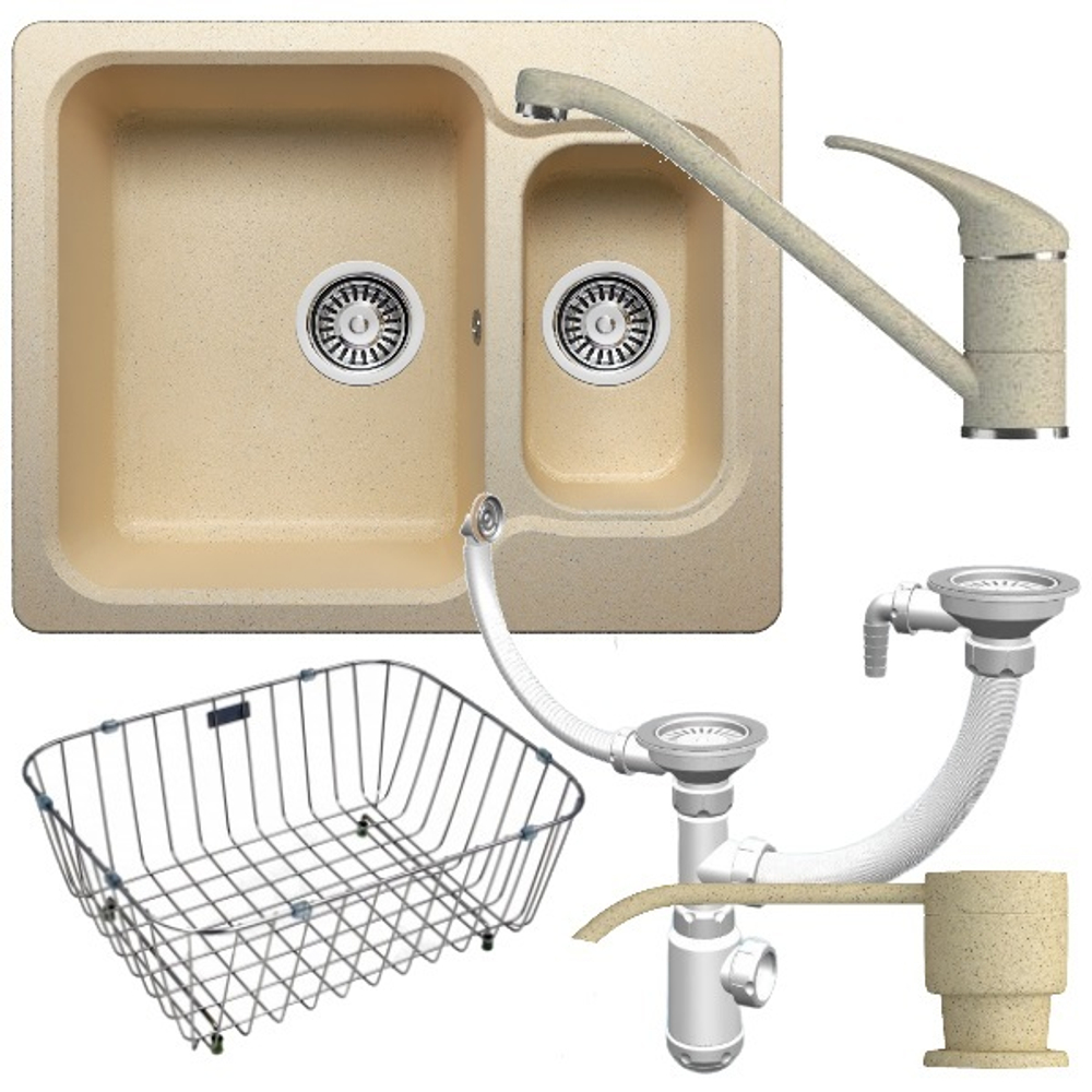 Мойка POLYGRAN F-09 опал №328 (бежевый), смеситель НИЗКИЙ КРАН СТАНДАРТ опал