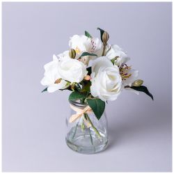 БУКЕТ ИСКУССТВЕННЫХ ЦВЕТОВ В КРУГЛОЙ ВАЗЕ ВЫСОТА= 16СМ (МАЛ=8ШТ./КОР=64ШТ.)