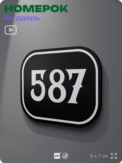 Номерок на дверь квартиры 587, для кабинета, офиса, шильдик 9 х 7 см, черный, Айдентика Технолоджи