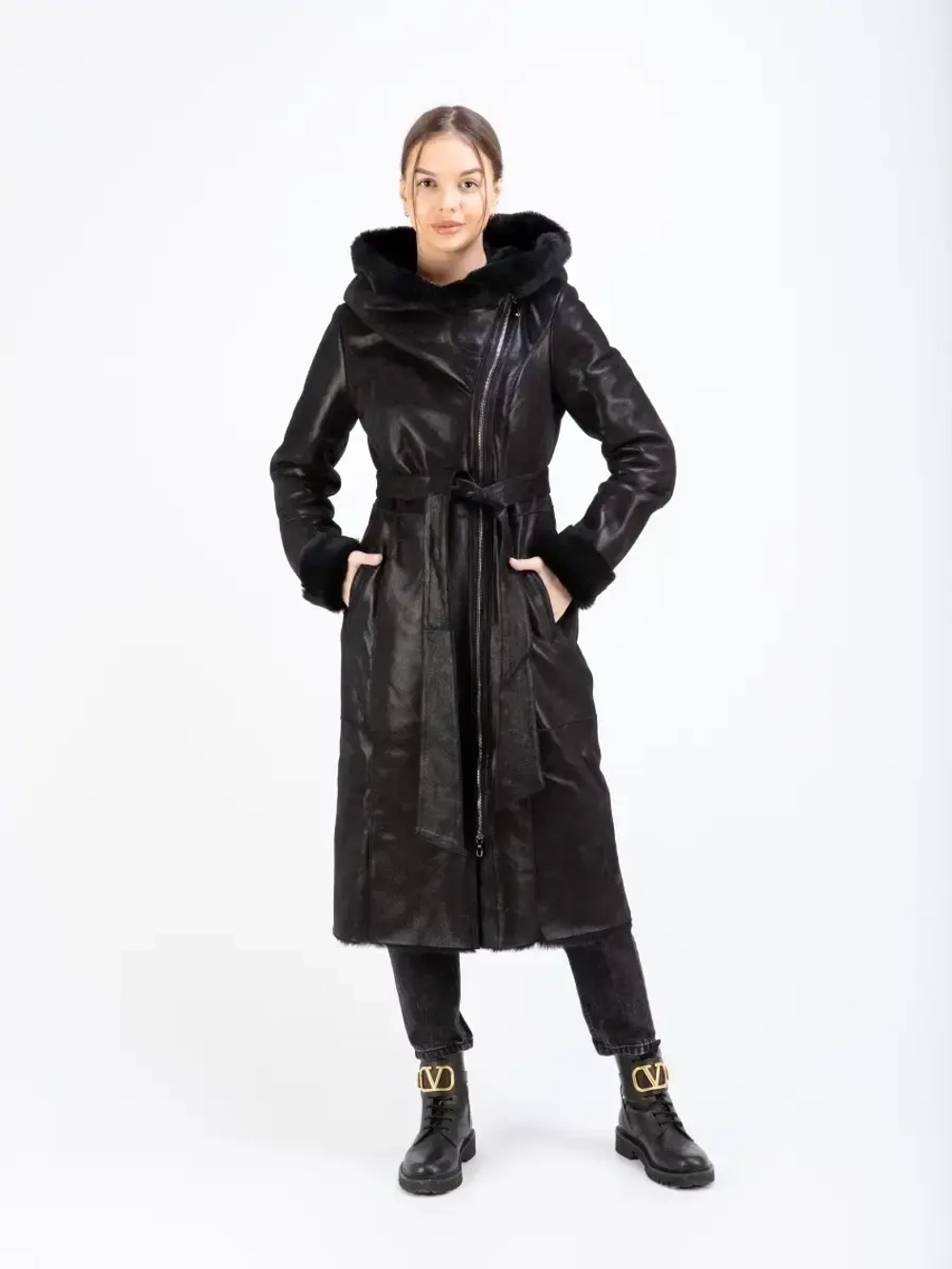 Дубленка женская натуральная длинная с капюшоном Турция