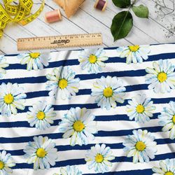 Ткань ниагара синие полоски и ромашки