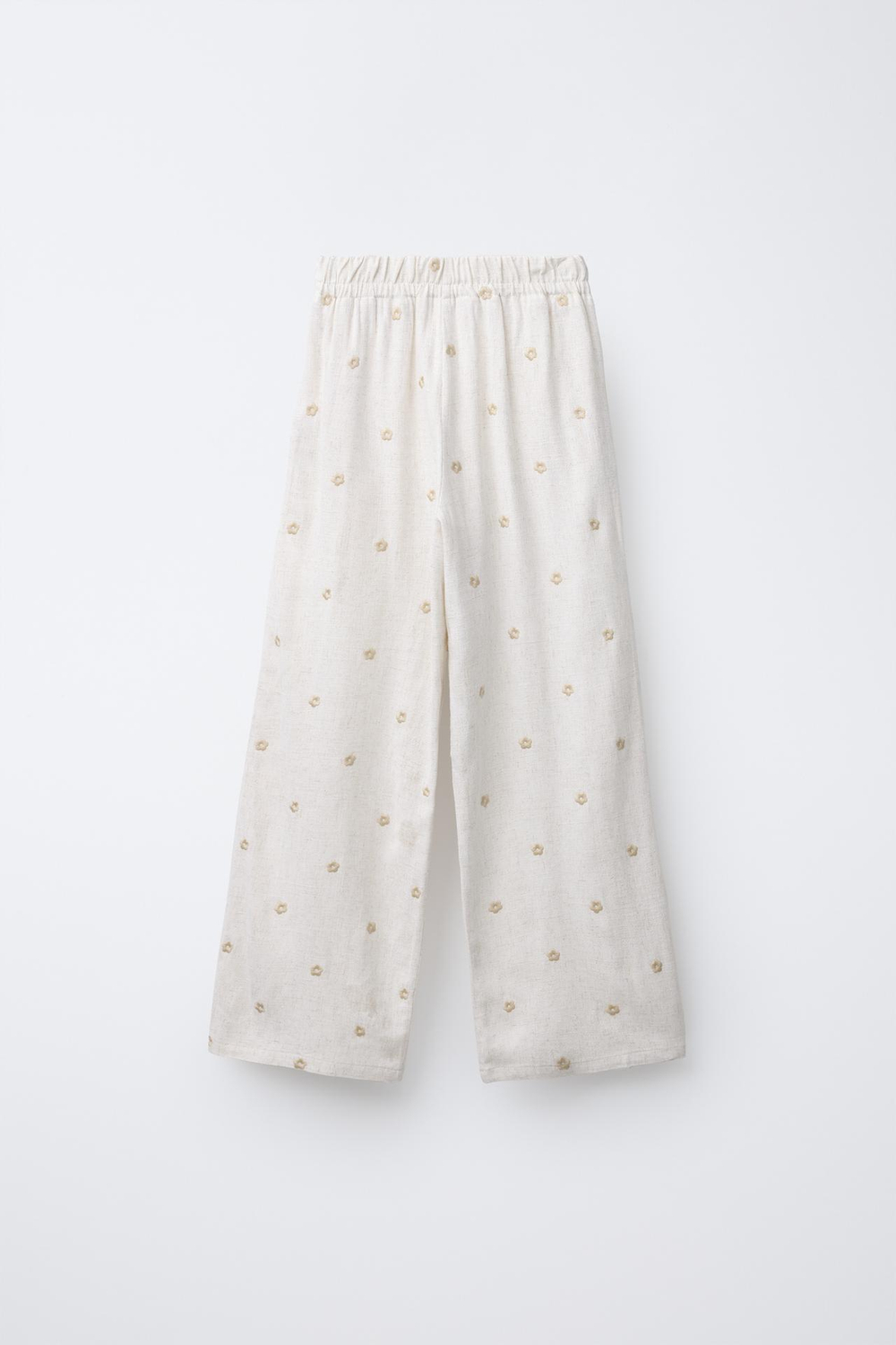 ZARA БРЮКИ WIDE LEG ИЗ СМЕСОВОГО ЛЬНА С ЦВЕТОЧНОЙ ВЫШИВКОЙ, ПЕСОЧНЫЙ