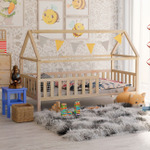 Кровать-домик Чайн 90х200 из массива сосны с основанием и бортиками, в натуральной отделке