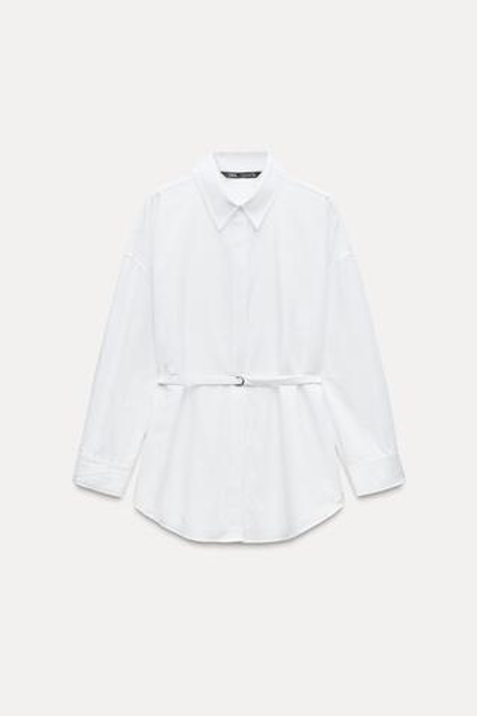 ZARA РУБАШКА ИЗ ПОПЛИНА С ПОЯСОМ, БЕЛЫЙ