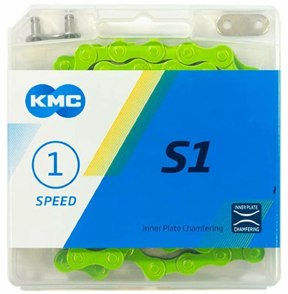 Цепь KMC S1 для 1 скорости, 1/2"х1/8", 112 звеньев, пин 8.7мм, с замком, зеленая (60)