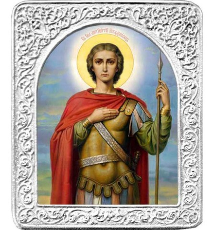 Святой Георгий. Маленькая икона в серебряной раме 4,5 х 5,5 см.