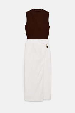 ZARA КОМБИНИРОВАННОЕ ПЛАТЬЕ МИДИ С ФУРНИТУРОЙ, КОРИЧНЕВЫЙ/ЭКРЮ