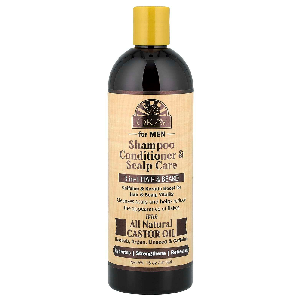 Okay Pure Naturals, для мужчин, шампунь-кондиционер и уход за кожей головы, 3 в 1 для волос и бороды, 473 мл (16 унций)