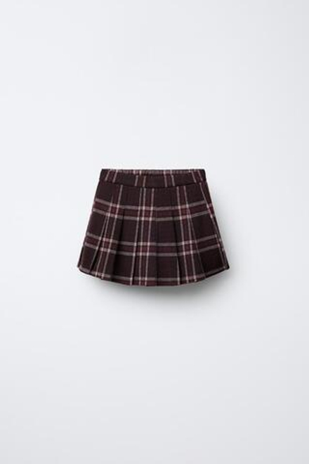 ZARA ЮБКА-ШОРТЫ В КЛЕТКУ СО СКЛАДКАМИ, КОРИЧНЕВЫЙ