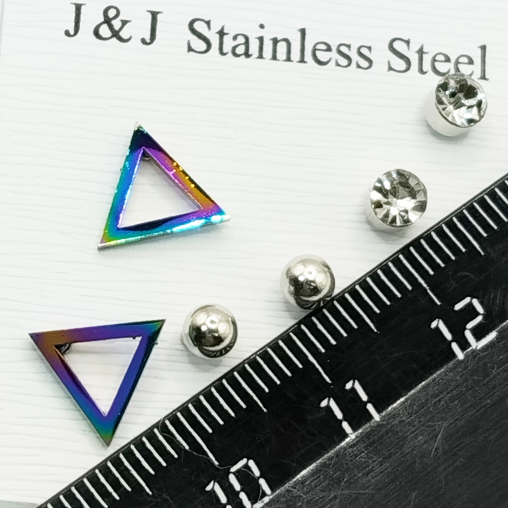 Серьги гвоздики (3 пары) "Треугольник, шарик, кристалл" сталь с покрытием
