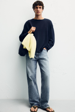 ZARA СВИТЕР ИЗ 100% ЛЬНА, МОРСКОЙ СИНИЙ