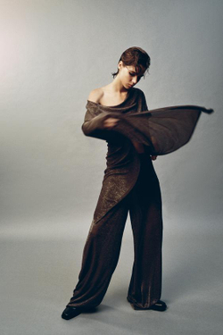 ZARA БРЮКИ ПАЛАЦЦО ИЗ МЕТАЛЛИЗИРОВАННОЙ НИТИ, БРОНЗОВЫЙ