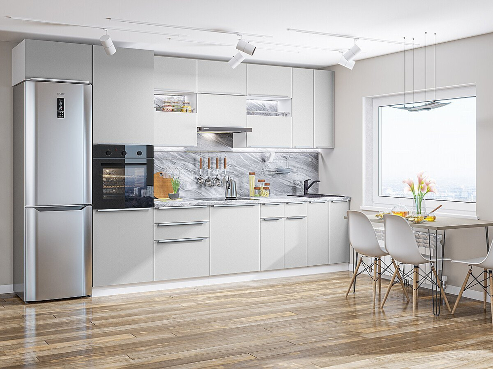 Прямая модульная кухня Фьюжн-01 Silky Light Grey - Белый 2340*3600*600