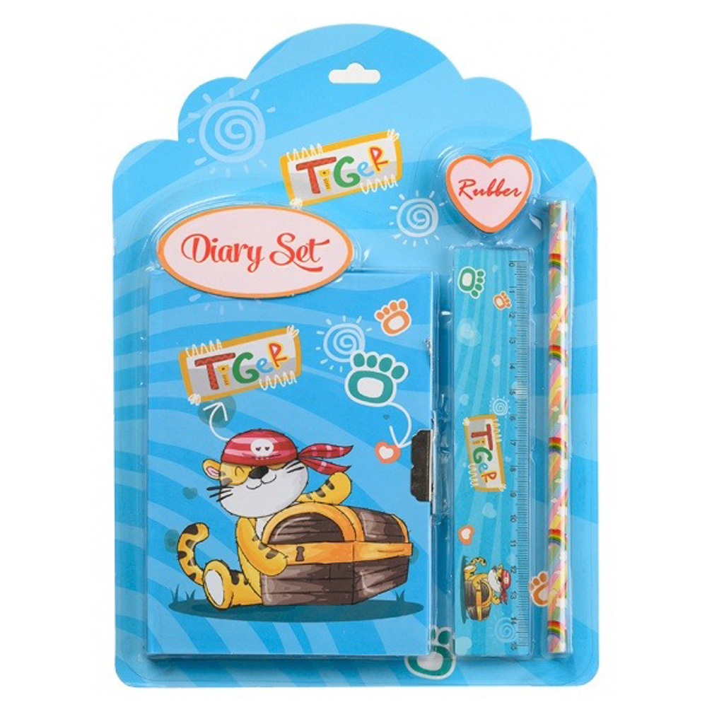 Блокнот детский Basir на замке, с карандашом, линейкой и ластиком, формат А6, серия "Тигры", переплет 7БЦ, 15*11 см, 48 листов, ассорти