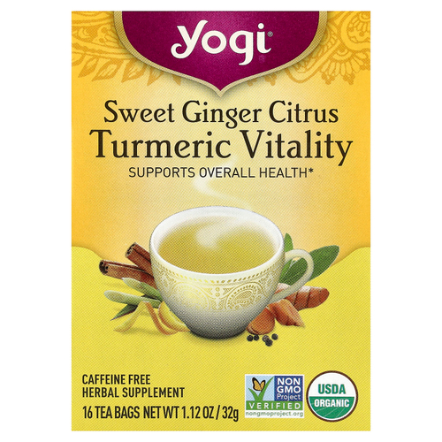 Yogi Tea, Vitality с куркумой, сладкий имбирь и цитрус, без кофеина, 16 чайных пакетиков, 32 г (1,12 унции)