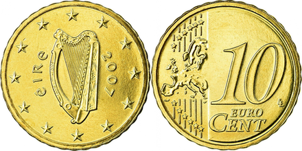 Ирландия 10 евроцентов, 2007-2024 Арфа XF