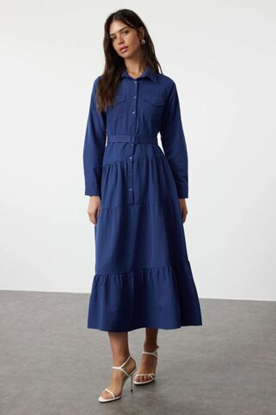 Синее тканое хлопковое платье-рубашка с поясом TCTSS24EB00254