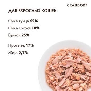 Консервы для кошек, Grandorf, с филе тунца и мясом лосося