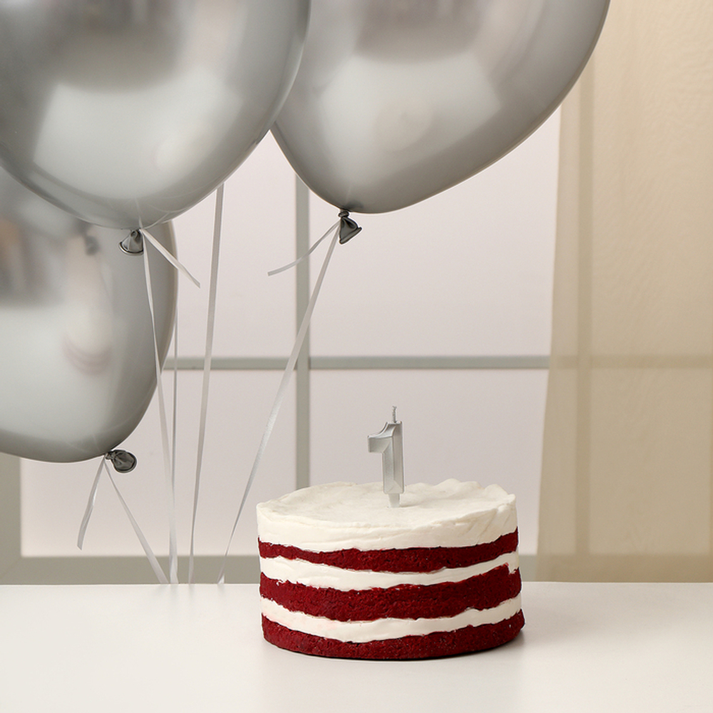 Свеча для торта цифра серебряная 1 + воздушные шары, 5шт