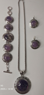 Комплект бижутерии подвеска, цепь, браслет, серьги Аметист Круг.(натуральный камень, бижутерный сплав)