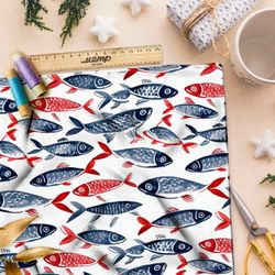 Ткань премиум сатин минималистичные рыбы