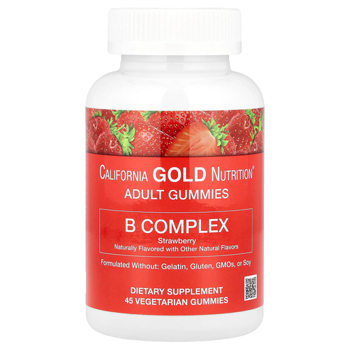 California Gold Nutrition, жевательные таблетки с комплексом витаминов группы B с витаминами B6 и B12, фолатом и биотином, клубника, 45 вегетарианских жевательных таблеток