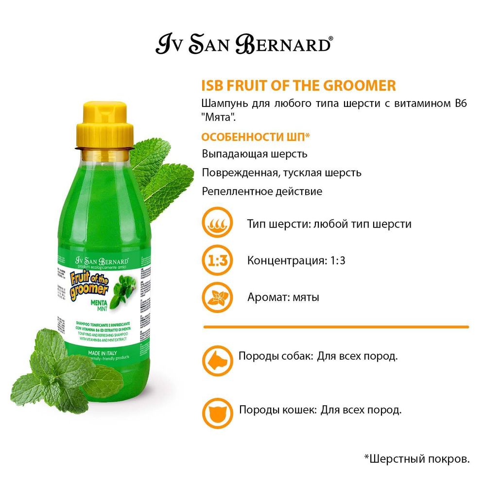 ISB Fruit of the Groomer MENTA MINT Шампунь c ароматом мяты для любого типа шерсти с витамином В6, 500 мл.
