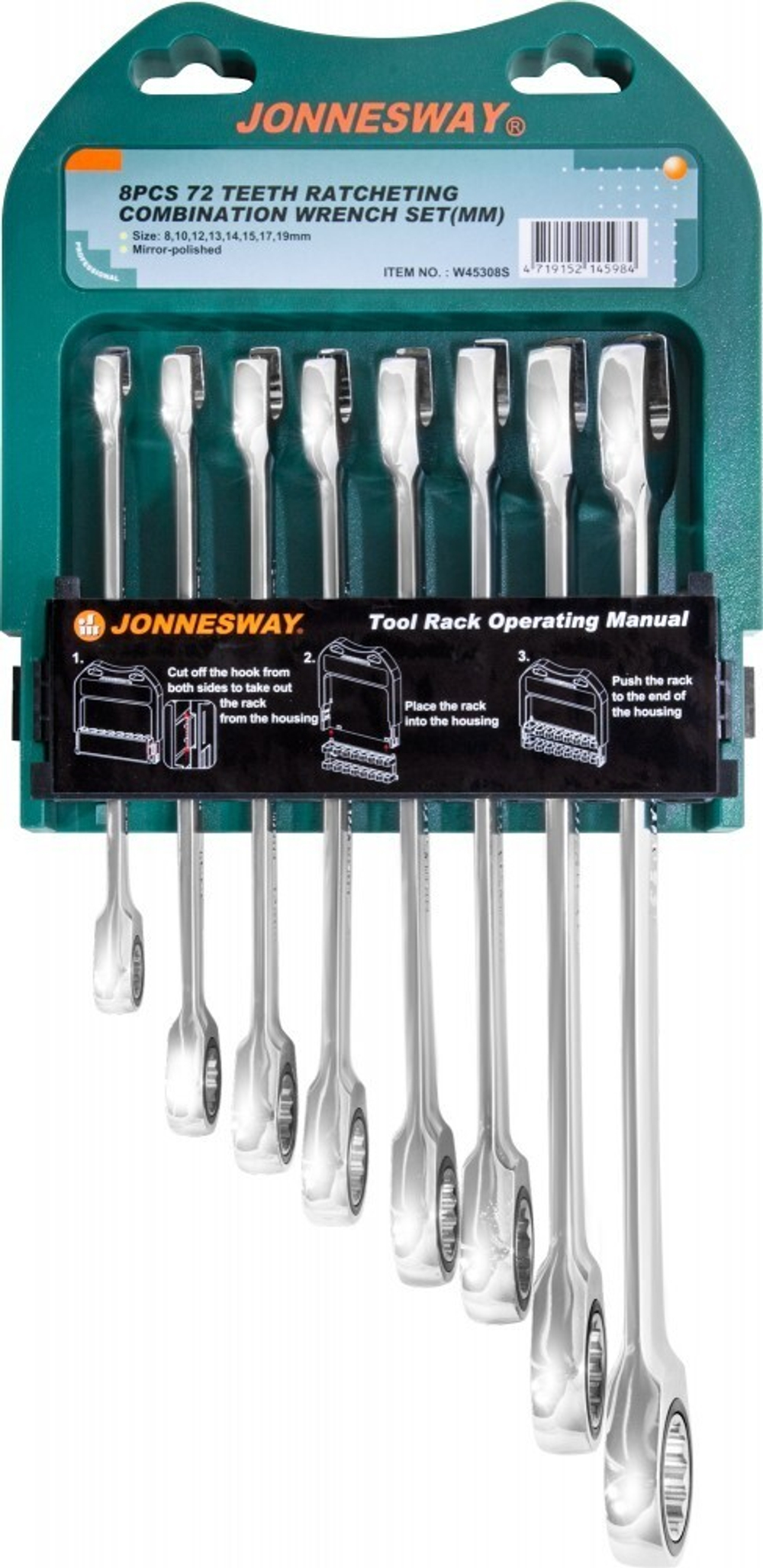 W45308S Набор ключей гаечных комбинированных трещоточных на держателе, 8-19 мм, 8 предметов