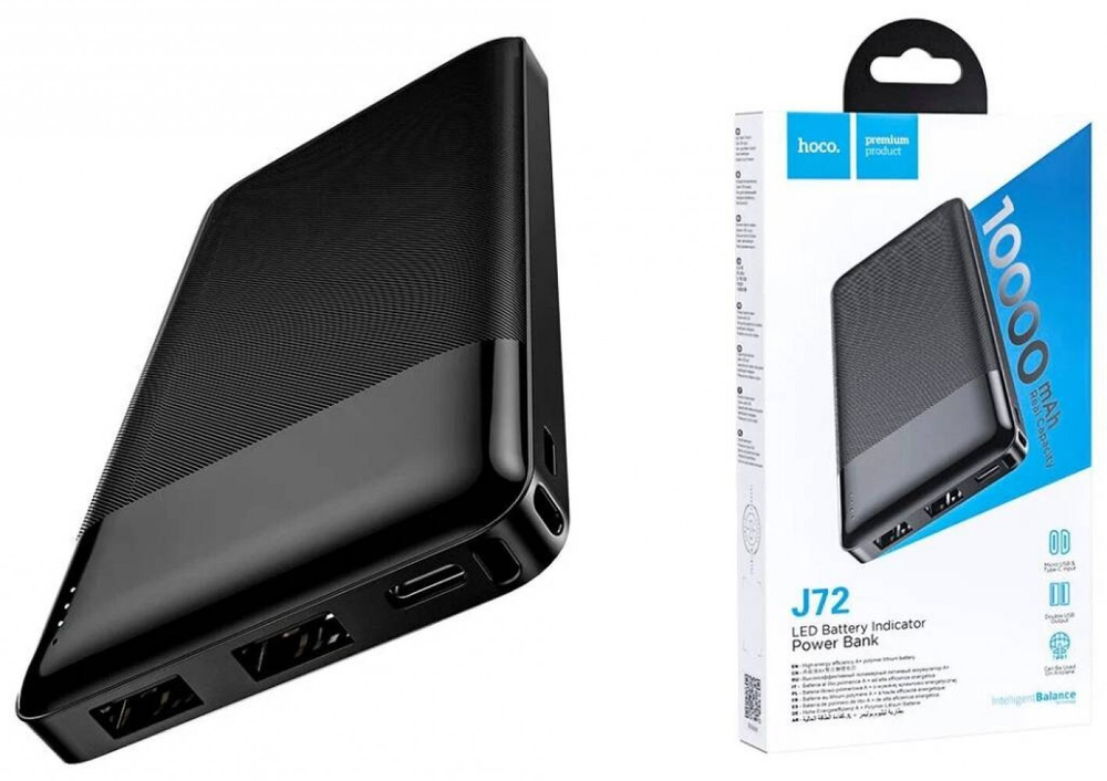 Внешний аккумулятор HOCO J72 10000mAh, 2A, MicroUSB/Type-C+2xUSB Black