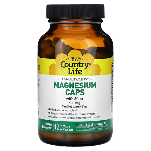 Country Life, Target-Mins®, магний в капсулах с диоксидом кремния, 300 мг, 120 веганских капсул