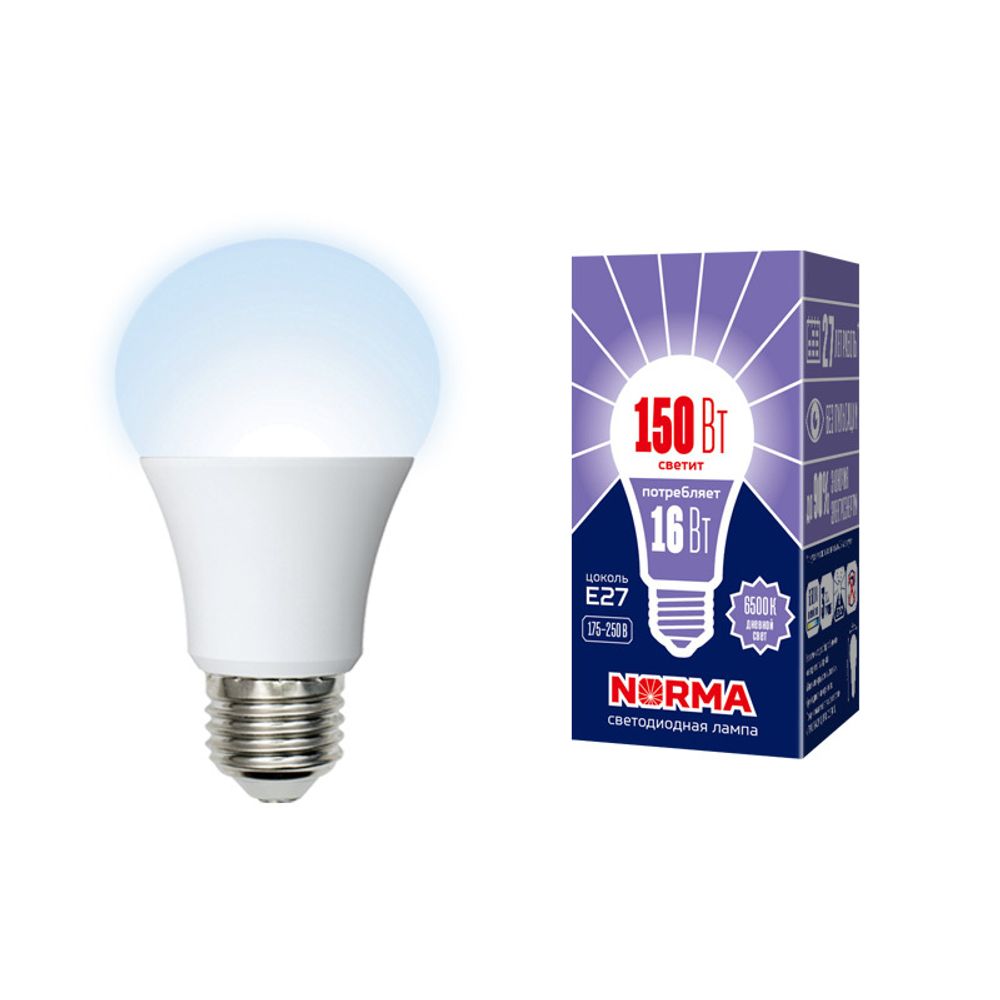 LED-A60-16W/DW/E27/FR/NR Лампа светодиодная. Форма A, матовая. Серия Norma. Дневной белый свет (6500K). Картон. ТМ Volpe