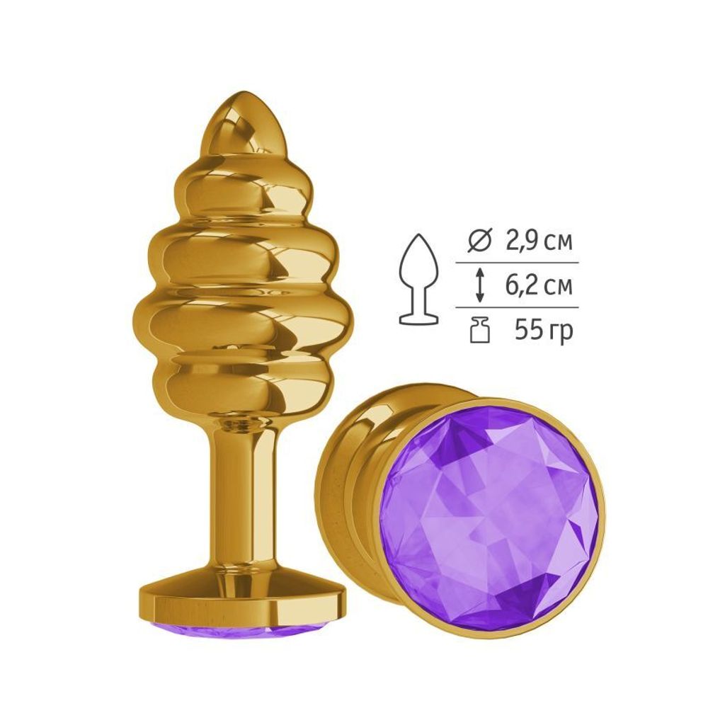 512-08 PURPLE-DD / Анальная втулка Gold Spiral с фиолетовым кристаллом маленькая