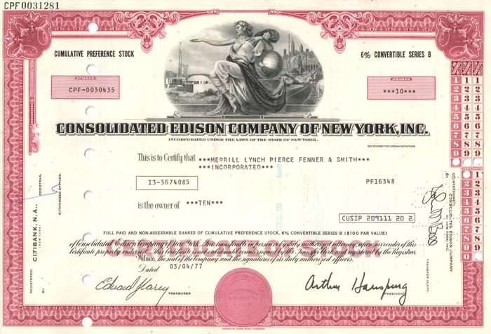 Акция Consolidated Edison Company Of New York, Inc. 1972-1976 США