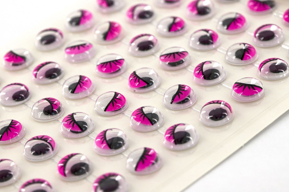 Материал декоративный Alingar "Глазки", d=1 см, 50 шт, круглые, черные и разноцветные, с ресницами, пакет с европодвесом