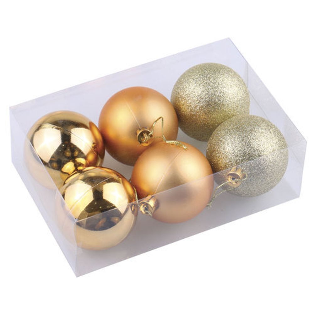 Шары ёлочные 6 шт., 8 см, "Trio", пластик, ТЕМНОЕ ЗОЛОТО (глянец, матовый, глиттер), ЗОЛОТАЯ СКАЗКА, 590875