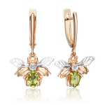 Серьги «Мухи» с английским замком из комбинированного золота с хризолитом и натуральным топазом white