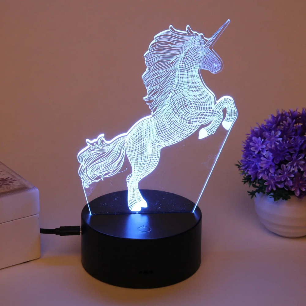 Светильник ночник «3D-Волшебный Единорог» на пластиковой подставке, с включателем USB