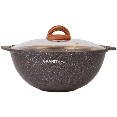 Казан для плова 4,5л со стекл. крышкой, АП линия «Granit ultra» (black-gold)